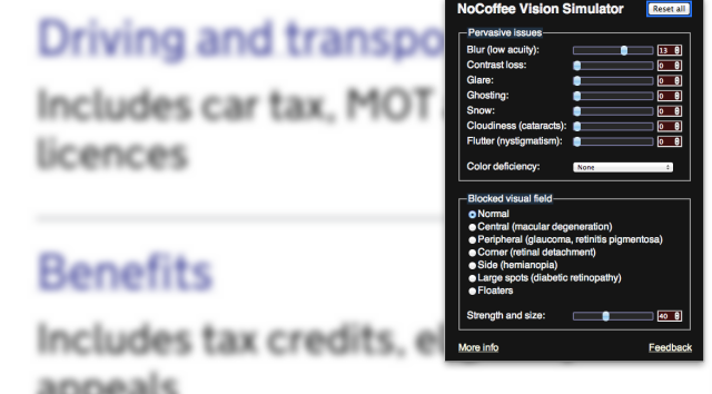 Blurred vision simulation with the NoCoffee vision simulator plugin for Google Chrome - the fonts are magnified for legibility